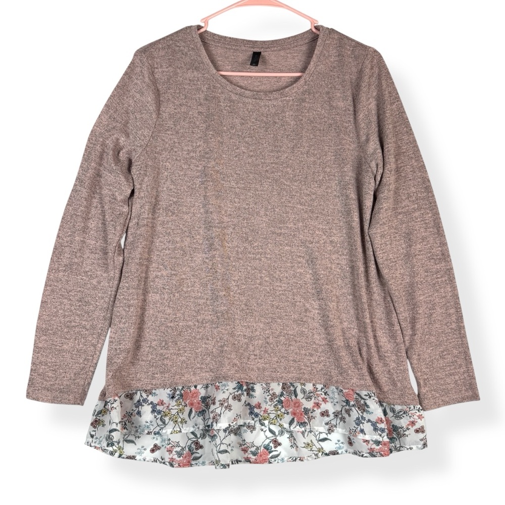 Massini Top with Contrasting Floral Hem Womens M Medium Long Sleeve Heather Pink